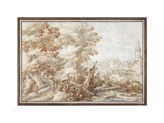A Wooded Landscape with Travelers by a Stream, a Town Beyond Poster Print by Pieter Stevens (24 x 17)