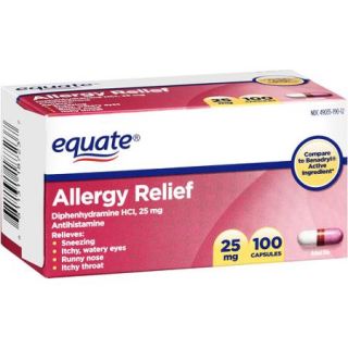 Equate: Allergy Medication 25Mg Capsules Antihistamine, 100 Ct