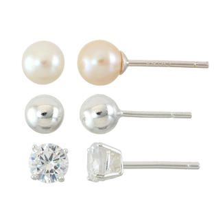 Sterling Silver 3 Pair Cubic Zirconia Pearl and Ball Stud Earring Set