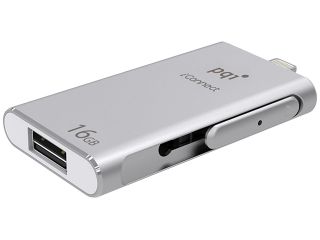 PQI iConnect [Apple MFi] 16GB Mobile Flash Drive w/ Lightning Connector for iPhones / iPads / iPod / Mac & PC USB 3.0 (Silver) Model 6I01 016GR1001