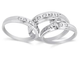 10K White Gold Diamond His & Hers Trio Ring Set   Square Princess Shape Center Setting w/ Princess Cut & Round Diamonds   (1/4 cttw, G H, SI2)   SEE "OVERVIEW" TO CHOOSE BOTH SIZES