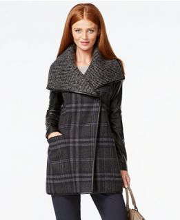 Vera Wang Coat Faux Leather Sleeve Textured Plaid Coat   Coats   Women