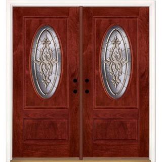 Feather River Doors 74 in. x 81.625 in. Silverdale Brass 3/4 Oval Lite Stained Cherry Mahogany Fiberglass Double Prehung Front Door 711590 400
