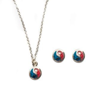 Turquoise and Coral Ying Yang Necklace and Earring Jewelry Set