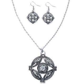 Silvertone Crystal Antiqued Heart Medallion Jewelry Set