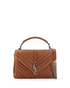 Saint Laurent Monogram College Medium Chain Satchel Bag, Cognac