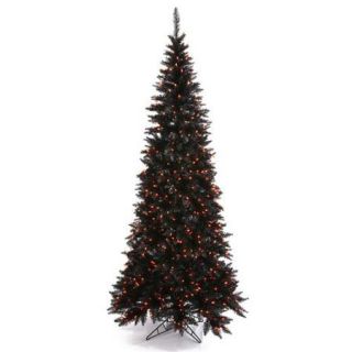 7.5' Pre Lit Spooky Black Fir Slim Artificial Christmas Tree   Orange Lights