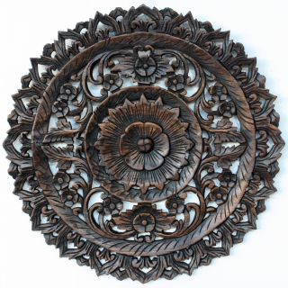 Round Black Stain/Dark wax Finish Carved Lotus Recycled Teak Panel