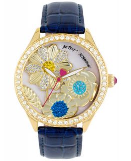 Betsey Johnson Womens Gold Tone Dimensional Flower Blue Leather Strap