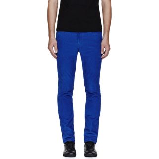 Slim fit corduroy trousers in blue. Five pocket styling. Logo patch at