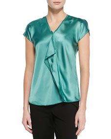 Lafayette 148 New York Silk Ruffle Front Blouse, Everglade