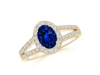 0.9ct. Diamond Halo Blue Sapphire Split Shank Ring in 14K Yellow Gold