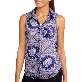 No Boundaries Juniors Sleeveless Button Down with Keyhole Back