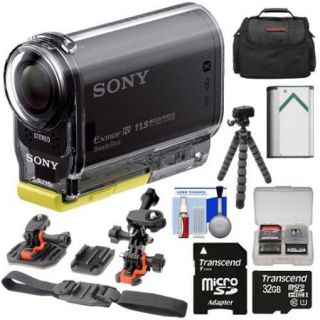 Sony Action Cam HDR AS20 Wi Fi 1080p HD Video Camera Camcorder with 32GB Card + Flat Surface & 2 Helmet Mounts + Battery + Case + Flex Tripod + Kit