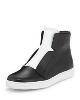 Prada Laceless Leather High Top Sneaker, Black/White