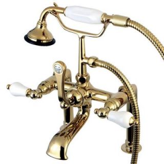 Aqua Eden Porcelain Lever 3 Handle Deck Mount High Risers Claw Foot Tub Faucet with Hand Shower in Polished Brass HAE105T2