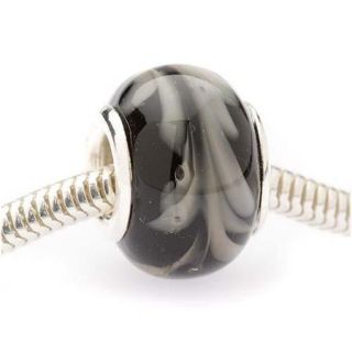 Murano Style Glass Lampwork European Style Large Hole Bead   Black Grey Feather 14mm (1)