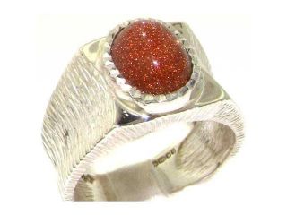 Gents Solid 925 Sterling Silver Cabochon Goldstone Mens Mans Signet Ring, Made in England   Size 11   Finger Sizes 6 to 13 Available