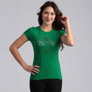 Womens Rhinestone Studded Green Irish Shamrock T shirt