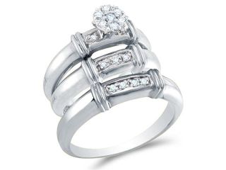 10k White Gold Diamond His & Hers Trio 3 Ring Set   Flower Shape Center Setting w/ Channel Set Round Diamonds   (1/4 cttw, G H, SI2)   SEE "OVERVIEW" TO CHOOSE BOTH SIZES