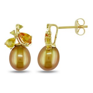 DaVonna 14k Gold Akoya Pearl and Diamond Earrings with Gift Box (9 10