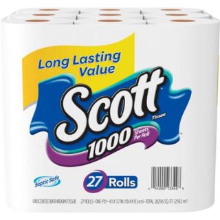 Scott Tissue 1000 Sheets Unscented Bathroom Tissue, 100 sheets, 27 rolls