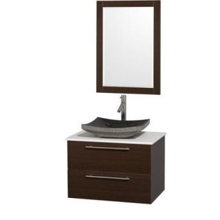 Wyndham Collection Amare 30 inch Single Bathroom Vanity in Gray Oak with White Man Made Stone Top with Ivory Marble Sink, and 24 inch Mirror