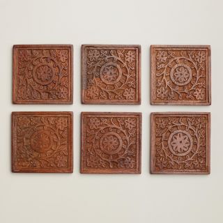 Square Carved Wood Coasters, Set of 6