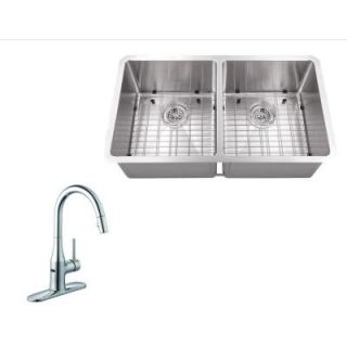 Schon All in One Undermount Stainless Steel 30 in. 0 Hole Double Bowl Kitchen Sink with Faucet SC2467558CR