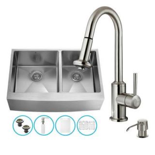 Vigo All in One Farmhouse Apron Front Stainless Steel 36 in. 0 Hole Double Bowl Kitchen Sink and Faucet Set VG15270