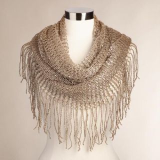 Taupe Sequin Open Weave Infinity Scarf with Fringe