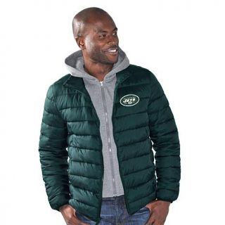 Officially Licensed NFL Three Point Quilted Jacket with Detachable Hood   Jets   7758636