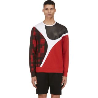 Neil Barrett Red Plaid & Leather Colorblocked Sweatshirt