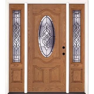 Feather River Doors 67.5 in. x 81.625 in. Lakewood Patina 3/4 Oval Lite Stained Light Oak Fiberglass Prehung Front Door with Sidelites 723390 3B3