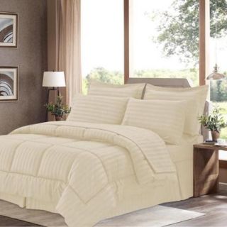 Wrinkle Resistant Soft Dobby Striped Down Alternative 8 piece Bed in a Bag with Sheet Set Queen Beige