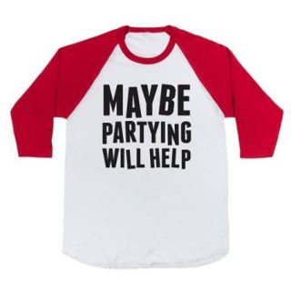 White/Red Maybe Partying Will Help Baseball Graphic T Shirt (Size Medium) NEW