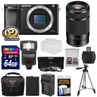 Sony Alpha A6000 Wi Fi Digital Camera Body (Black) with 55 210mm Lens + 64GB Card + Flash + Case + Tripod + Battery & Charger + Kit