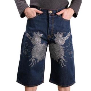 Christian Audigier Skull Rose Men's Denim Jean Shorts Blue Size 38
