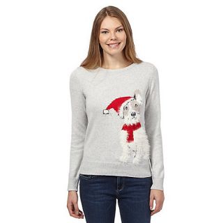 The Collection Petite Light grey fluffy Christmas dog jumper